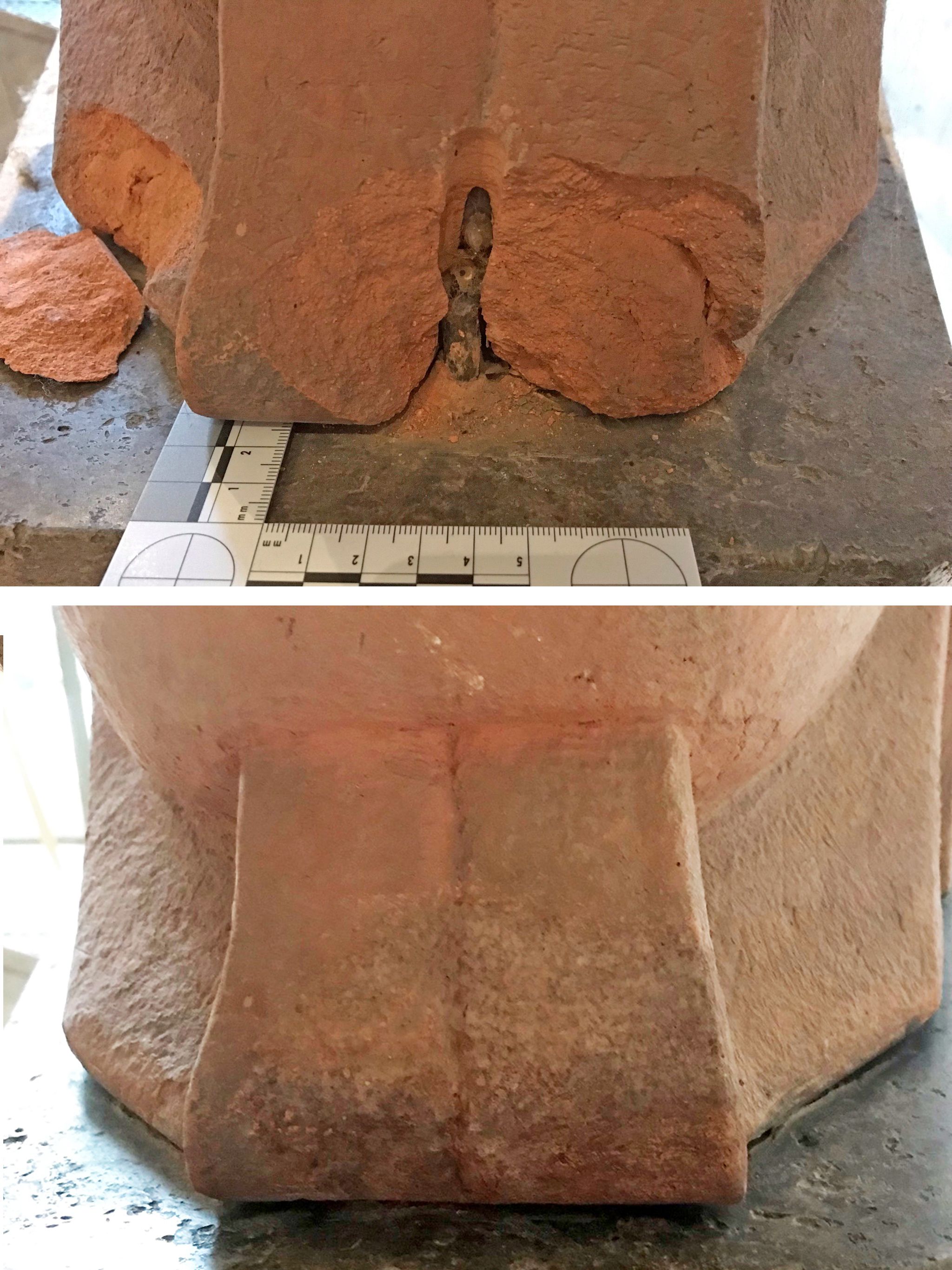 Terrakottafigur vor und nach Ergänzung und Retusche einer Fehlstelle an den Füßen