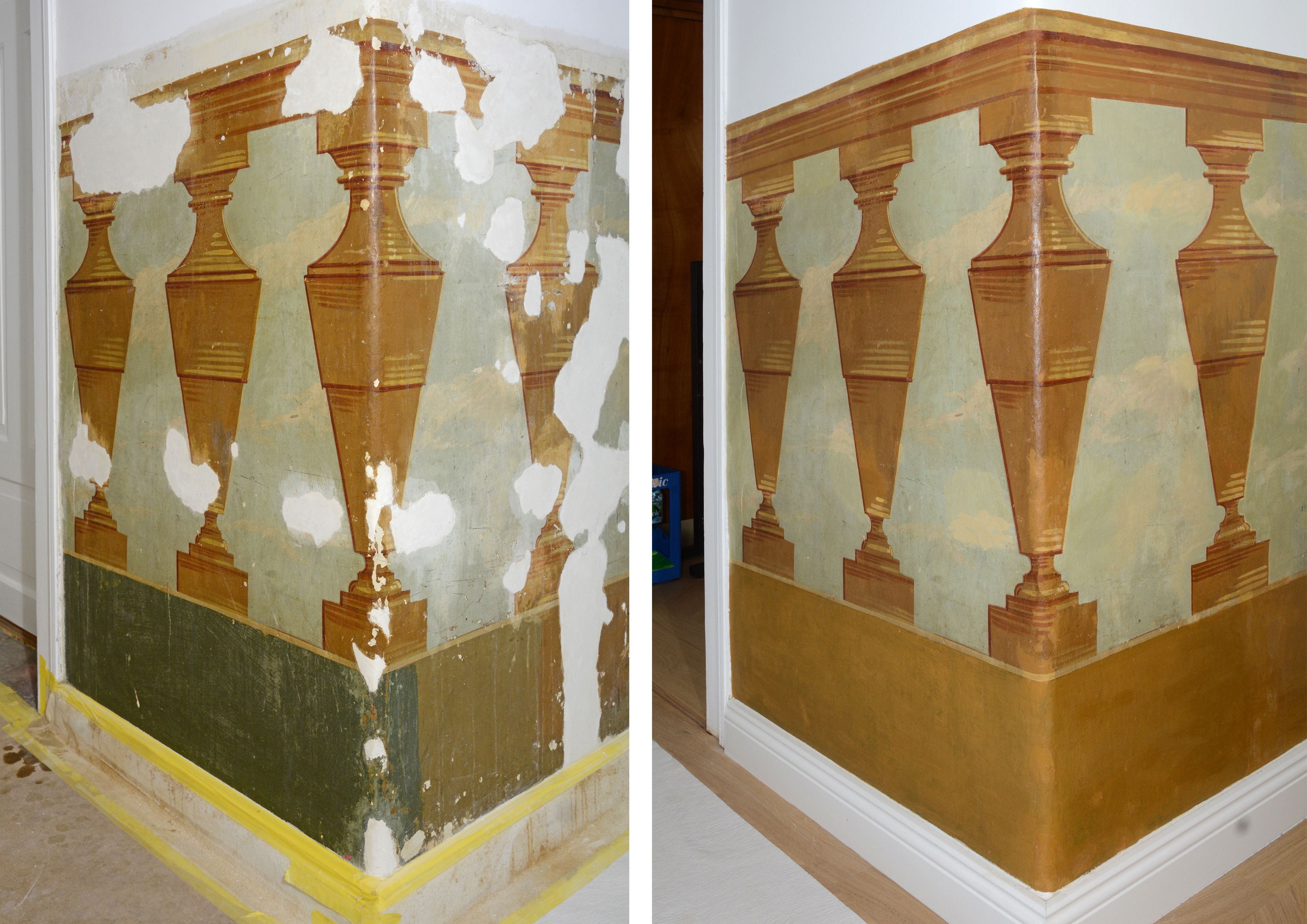 Illusionistische Wandgestaltung von 1893, während und nach der Restaurierung