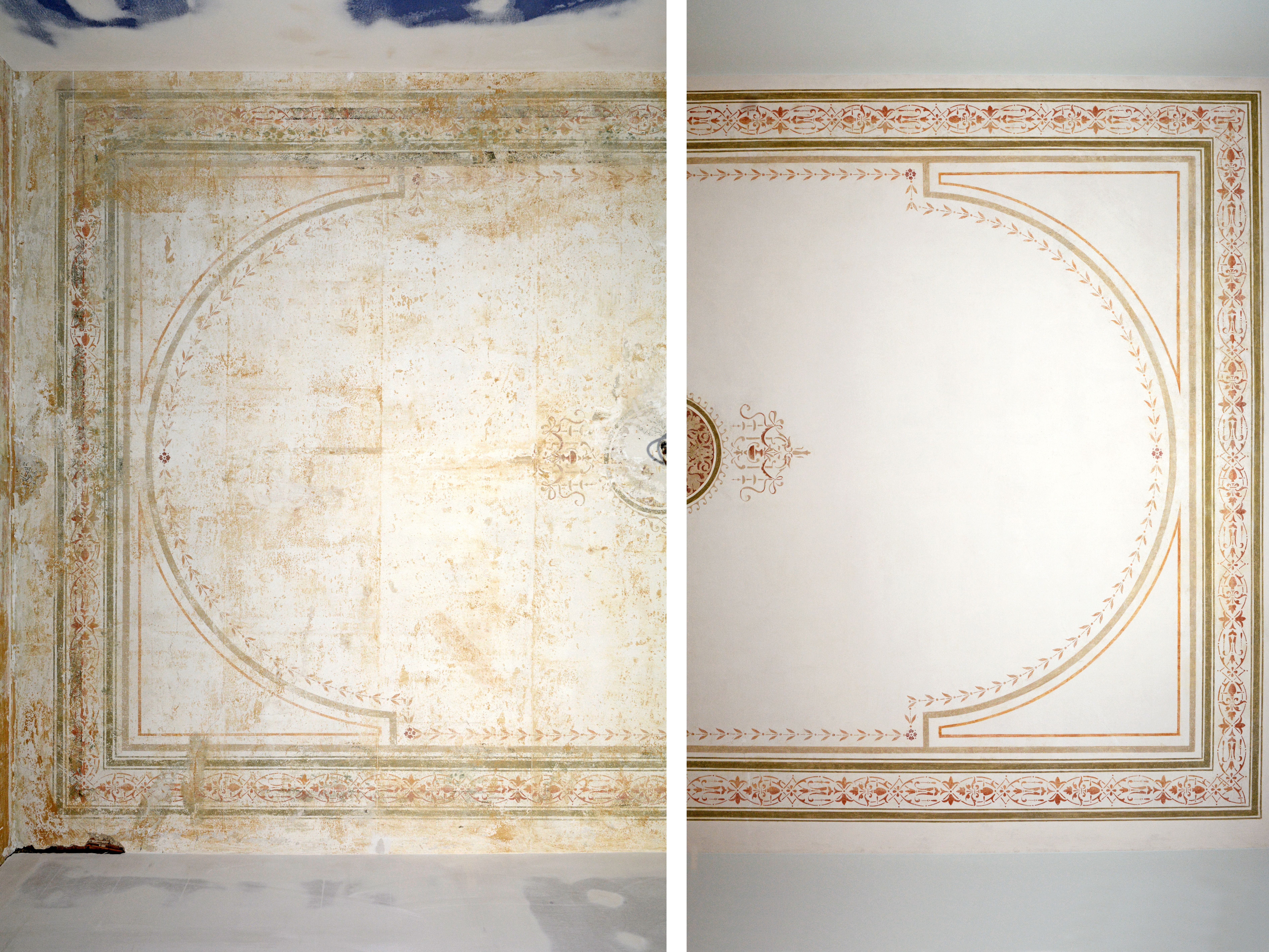 Historistisch bemalte Decke, vor und nach der Reinigung und Restaurierung