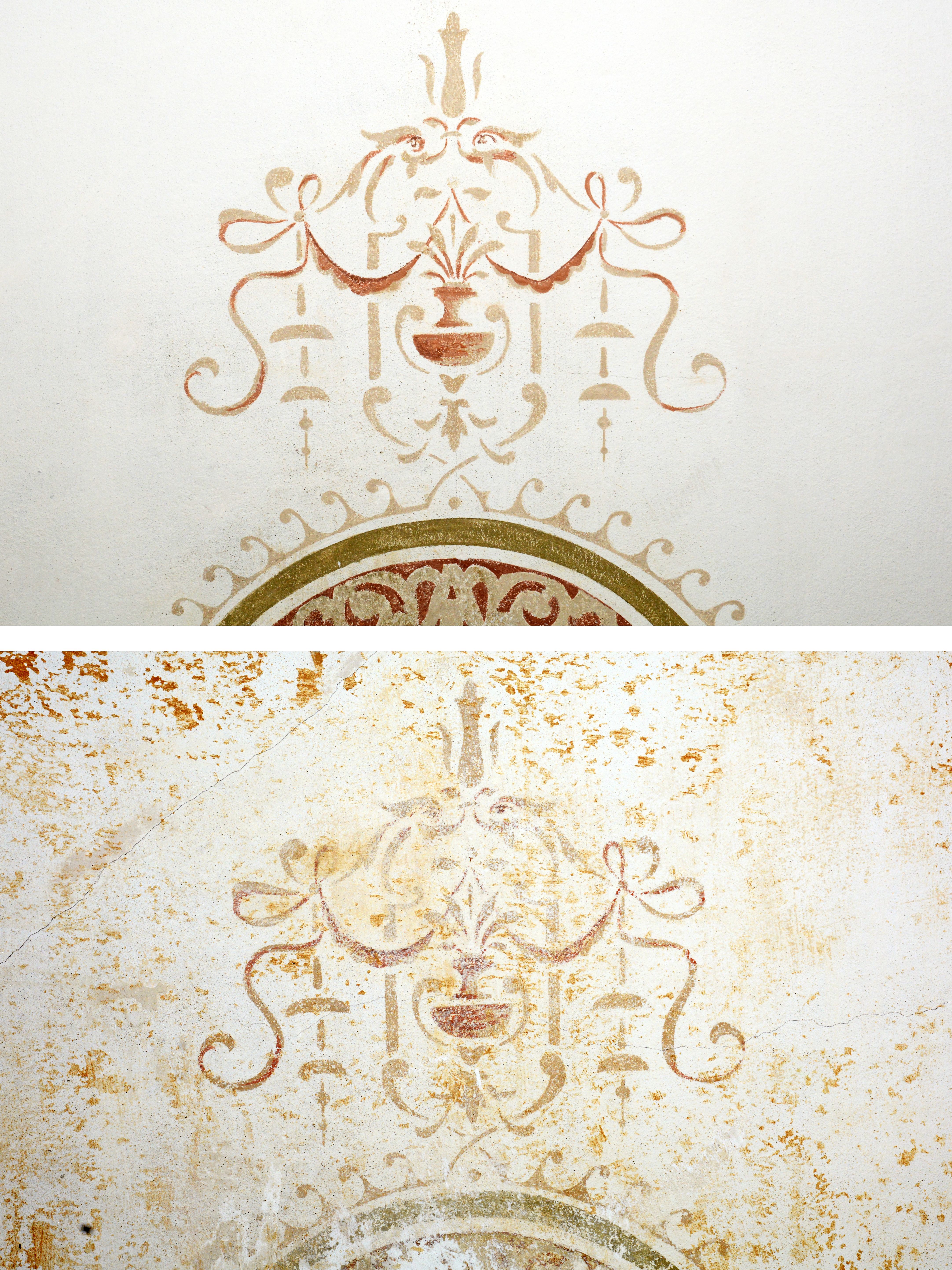 Ornament von einer historistisch bemalten Decke, vor und nach der Restaurierung